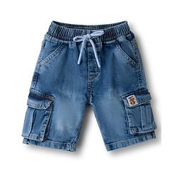 Babyhug Denim Knee Length With Stretch Washed Jamaican With Pockets & Dino Patch - Blue