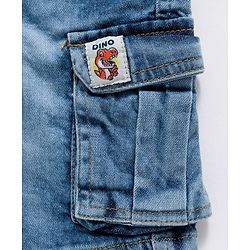 Babyhug Denim Knee Length With Stretch Washed Jamaican With Pockets & Dino Patch - Blue
