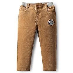 Babyhug Cotton Lycra Corduroy Woven Full Length Solid Coloured Pant With Stretch & Patch - Light Brown