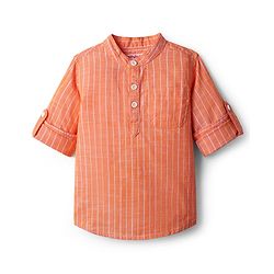 Babyhug 100% Cotton Woven Full Sleeves Mandarin Collar Kurta Style Shirt With Stripes - Orange