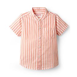 Babyhug Cotton Woven Half Sleeves Mandarin Collar Stripe Shirt - Peach