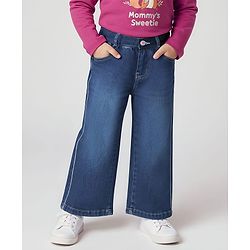 Babyhug Full Length Wide Leg Washed Denim Jeans With Stretch and Lurex Tape  - Navy Blue
