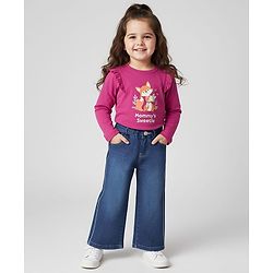 Babyhug Full Length Wide Leg Washed Denim Jeans With Stretch and Lurex Tape  - Navy Blue