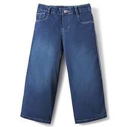 Babyhug Full Length Wide Leg Washed Denim Jeans With Stretch and Lurex Tape  - Navy Blue
