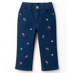 Babyhug Denim Full Length Washed Jeans With Stretch & Floral Embroidery - Navy Blue