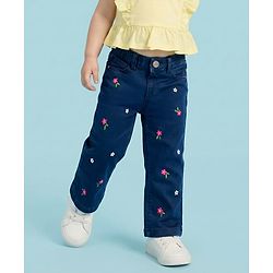Babyhug Denim Full Length Washed Jeans With Stretch & Floral Embroidery - Navy Blue