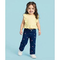 Babyhug Denim Full Length Washed Jeans With Stretch & Floral Embroidery - Navy Blue