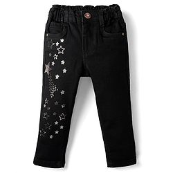 Babyhug Denim Full Length Washed Jeans With Stretch & Star Foil Print - Black