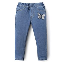 Babyhug Full Length Skinny Fit Denim Jeggings With Stretch & Sequince Butterfly Detailing - Mid Blue