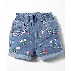 Babyhug Mid Thigh Shorts With Stretch & Floral Embroidery - Blue