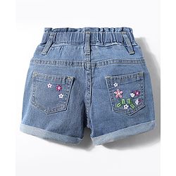 Babyhug Mid Thigh Shorts With Stretch & Floral Embroidery - Blue
