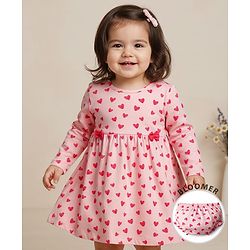 Babyhug Single Jersey Knit Full Sleeves Frock with Bloomer with Heart Print & Bow Applique - Light Pink