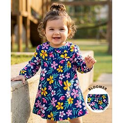 Babyhug Single Jersey Knit Full Sleeves Peter Pan Collar Frock With Floral Print & Bloomer - Navy Blue
