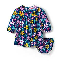 Babyhug Single Jersey Knit Full Sleeves Peter Pan Collar Frock With Floral Print & Bloomer - Navy Blue