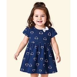 Babyhug Single Jersey Knit Cap Sleeves Frock With Heart Print - Navy Blue