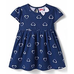 Babyhug Single Jersey Knit Cap Sleeves Frock With Heart Print - Navy Blue