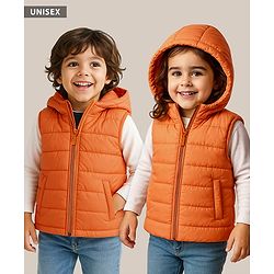 Babyhug Woven Sleeveless Solid Color Padded Hooded Jacket - Olive Green