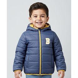 Babyhug Woven Full Sleeves Hooded Padded Jacket With Alphabet Patch - Navy Blue & Mustard