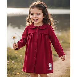 Babyhug Single Jersey Knit Full Sleeves Unicorn Printed Frock With Peter Pan Collar - Red