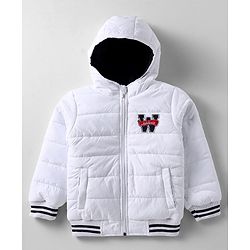 Babyhug Woven Full Sleeves Hooded Padded Jacket With Alphabet Patch - White