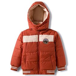 Babyhug Woven Full Sleeves Hooded Padded Jacket with Patch Detailing - Brown