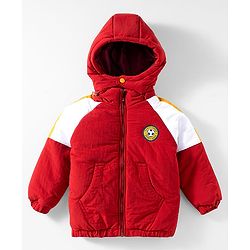 Babyhug Woven Full Sleeves Padded Jacket With Detachable Hood Kangaroo Pocket & Cut & Sew - Rust Orange