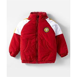 Babyhug Woven Full Sleeves Padded Jacket With Detachable Hood Kangaroo Pocket & Cut & Sew - Rust Orange