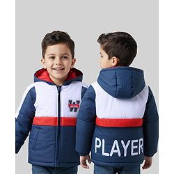 Babyhug Woven Full Sleeves Hooded Padded Jacket With Text Patch - White & Navy Blue