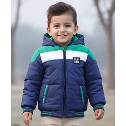 Babyhug Woven Full Sleeves Padded Hooded Jacket With Patch Detailing - Navy Blue