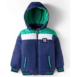 Babyhug Woven Full Sleeves Padded Hooded Jacket With Patch Detailing - Navy Blue