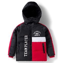 Babyhug Woven Full Sleeves Hooded Padded Jacket With Text Print & Detachable Hood - Red & Navy Blue