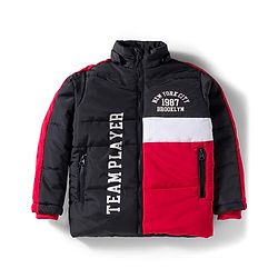 Babyhug Woven Full Sleeves Hooded Padded Jacket With Text Print & Detachable Hood - Red & Navy Blue