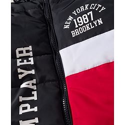 Babyhug Woven Full Sleeves Hooded Padded Jacket With Text Print & Detachable Hood - Red & Navy Blue