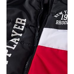 Babyhug Woven Full Sleeves Hooded Padded Jacket With Text Print & Detachable Hood - Red & Navy Blue