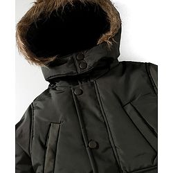 Babyhug Woven Full Sleeves Solid Hooded Padded Jacket With Detachable Hood - Dark Green