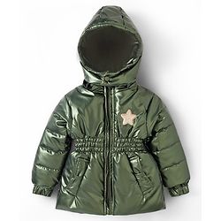 Babyhug Woven Full Sleeves Padded Hooded Jacket with Sequin Star Design - Olive Green