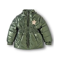Babyhug Woven Full Sleeves Padded Hooded Jacket with Sequin Star Design - Olive Green