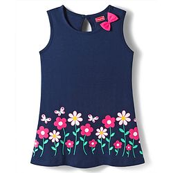 Babyhug Single Jersey Knit Sleeveless Frock With Floral Print & Bow Applique - Navy Blue