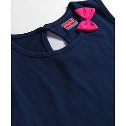 Babyhug Single Jersey Knit Sleeveless Frock With Floral Print & Bow Applique - Navy Blue