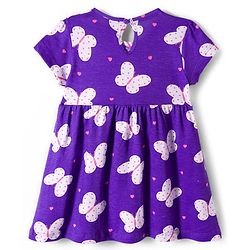 Babyhug Cotton Knit Half Sleeves Butterfly Printed Frock With Bow Applique & Bloomer - Purple