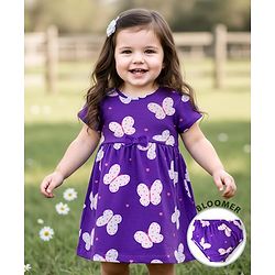 Babyhug Cotton Knit Half Sleeves Butterfly Printed Frock With Bow Applique & Bloomer - Purple