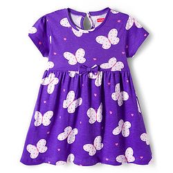 Babyhug Cotton Knit Half Sleeves Butterfly Printed Frock With Bow Applique & Bloomer - Purple