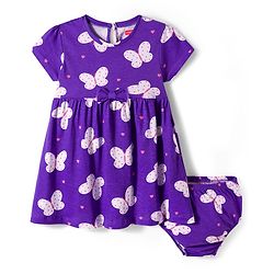 Babyhug Cotton Knit Half Sleeves Butterfly Printed Frock With Bow Applique & Bloomer - Purple