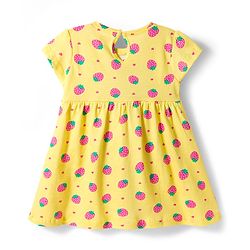 Babyhug Cotton Knit Half Sleeves Frock With Strawberry Print & Bloomer - Yellow