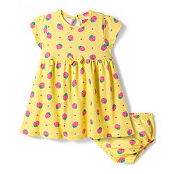 Babyhug Cotton Knit Half Sleeves Frock With Strawberry Print & Bloomer - Yellow