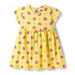 Babyhug Cotton Knit Half Sleeves Frock With Strawberry Print & Bloomer - Yellow