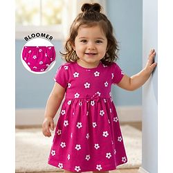 Babyhug Cotton Knit Half Sleeves Floral Printed Frock with Bloomer & Bow Applique - Dark Pink