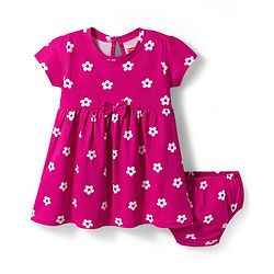 Babyhug Cotton Knit Half Sleeves Floral Printed Frock with Bloomer & Bow Applique - Dark Pink