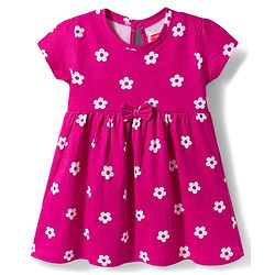 Babyhug Cotton Knit Half Sleeves Floral Printed Frock with Bloomer & Bow Applique - Dark Pink