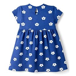 Babyhug Cotton Knit Half Sleeves Floral Printed Frock with Bow Applique & Bloomer - Navy Blue